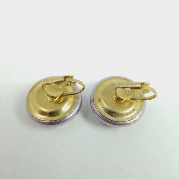 Vintage Pearlescent Purple Silver Tone Dome Clip On Earrings, Retro 80s 90s - Picture 2 of 5